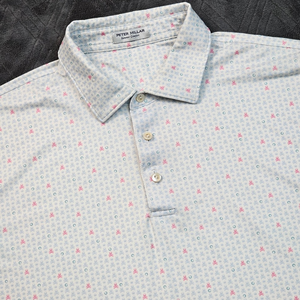 Peter Millar Polo Mens XL White Pink Skull Crossbones Summer Comfort Golf Prep